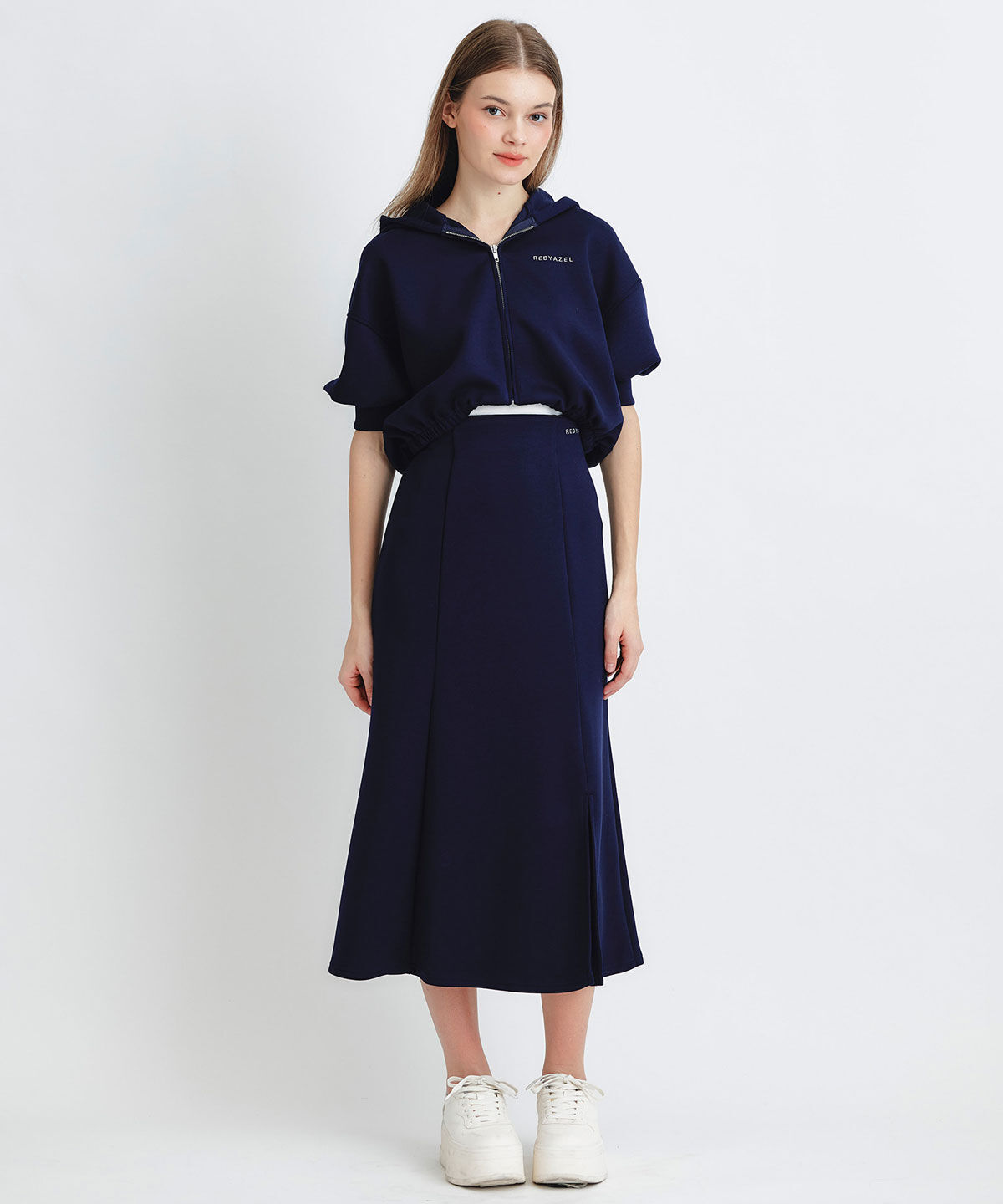 REDYAZEL「ダンボールセミマーメイドスリットロングスカート」|タイト|ネイビー