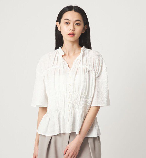 EMMEL REFINES「＜EMMEL REFINES＞EM フリルエリ シャーリング ブラウス」|シャツ・ブラウス|WHITE