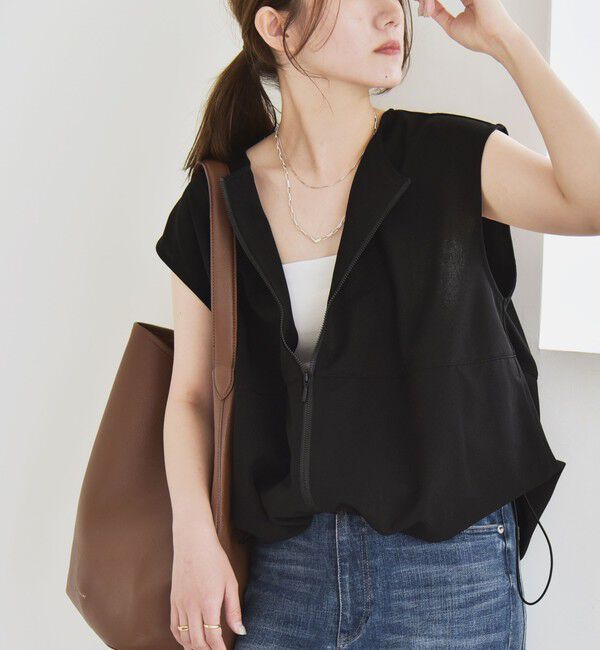 quaranciel「quaranciel:〈手洗い可能〉カット ジョーゼット ドロスト ジップ ベスト」|ベスト・ジレ|ブラック