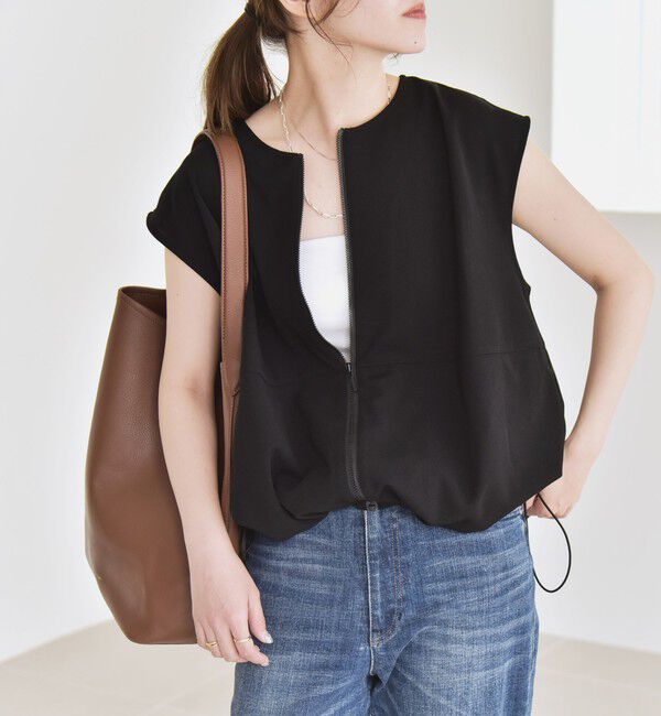 quaranciel「quaranciel:〈手洗い可能〉カット ジョーゼット ドロスト ジップ ベスト」|ベスト・ジレ|