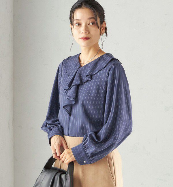 SHIPS for women「《予約》〈手洗い可能〉フィブリル ストライプ フリル カラー ブラウス」|シャツ・ブラウス|