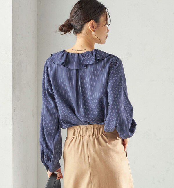 SHIPS for women「《予約》〈手洗い可能〉フィブリル ストライプ フリル カラー ブラウス」|シャツ・ブラウス|