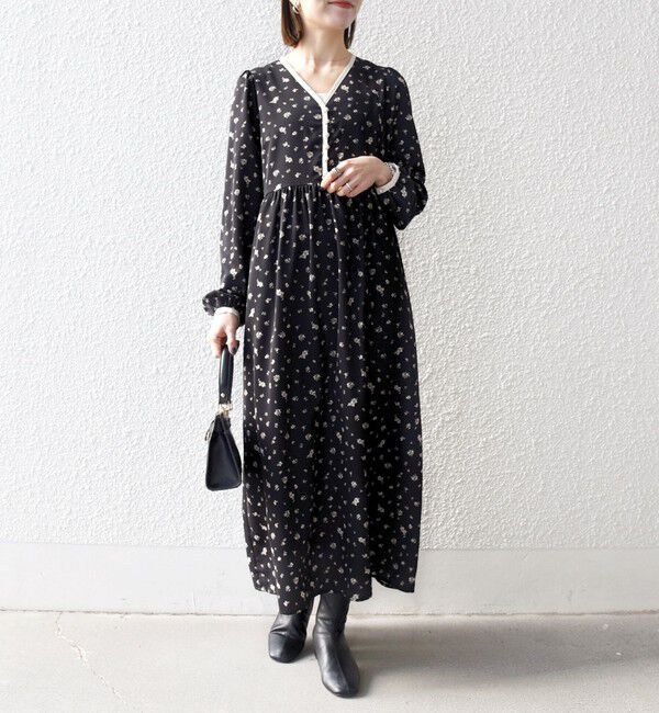 SHIPS any「SHIPS any:〈洗濯機可能〉フラワー プリント バイカラー Vネック ギャザー ワンピース」|ワンピース|ブラック