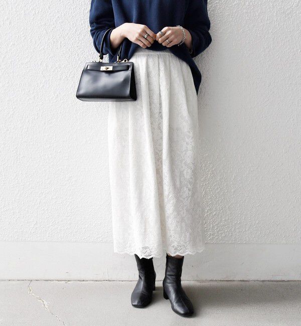 SHIPS any「《追加予約》SHIPS any:〈手洗い可能〉フラワー メッシュ レース タック セミフレア スカート」|スカート|ホワイト