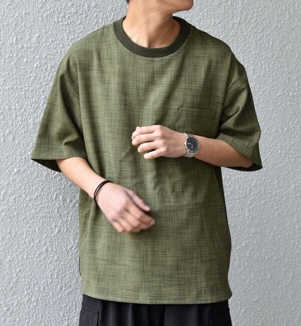 SHIPS any「SHIPS any:〈UVカット〉FUTURE LINEN CANVAS リネンライク デザイン リブ ポケット Tシャツ◇」|Tシャツ・カットソー|オリーブ