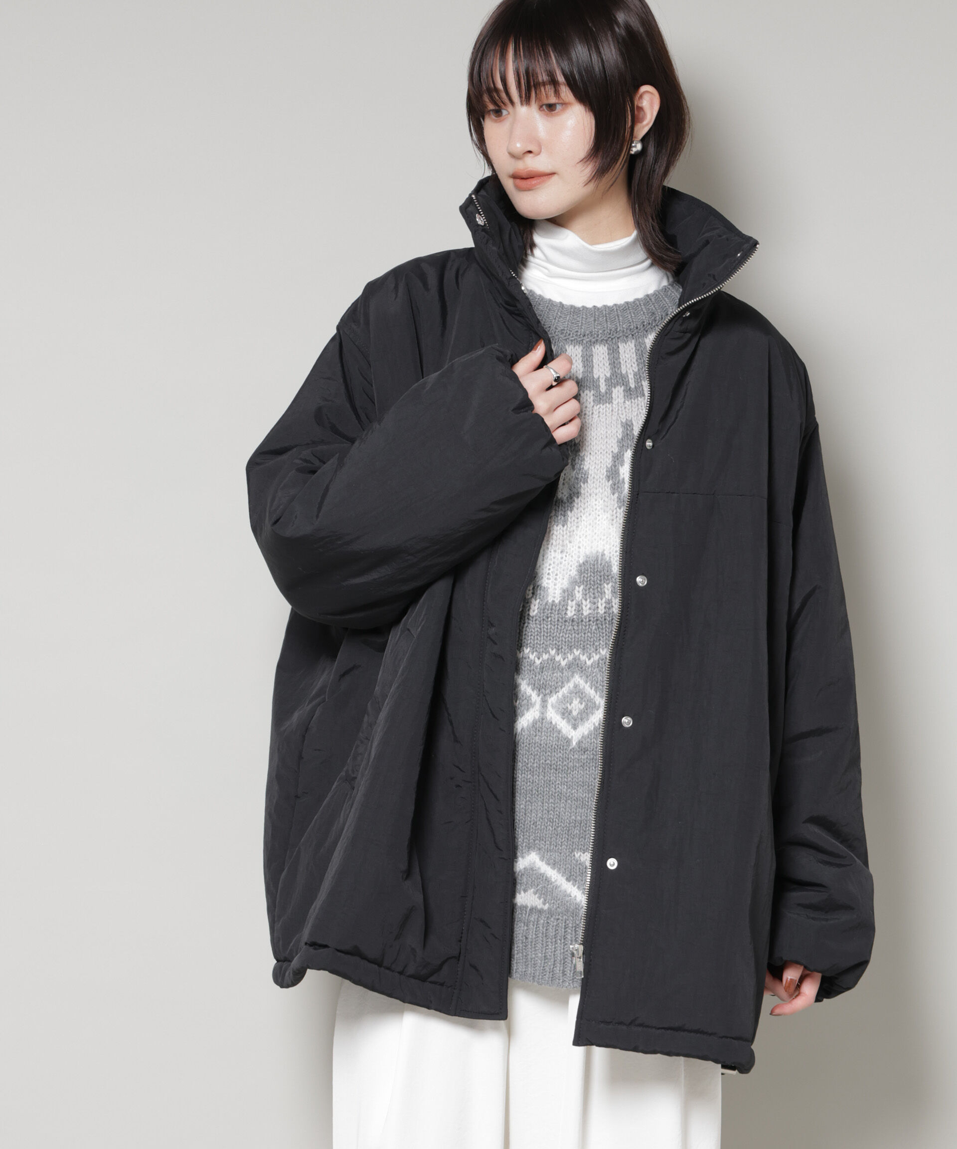 nano･universe「撥水加工 中綿スタンドオーバージップブルゾン」|ブルゾン・スタジャン|ブラック