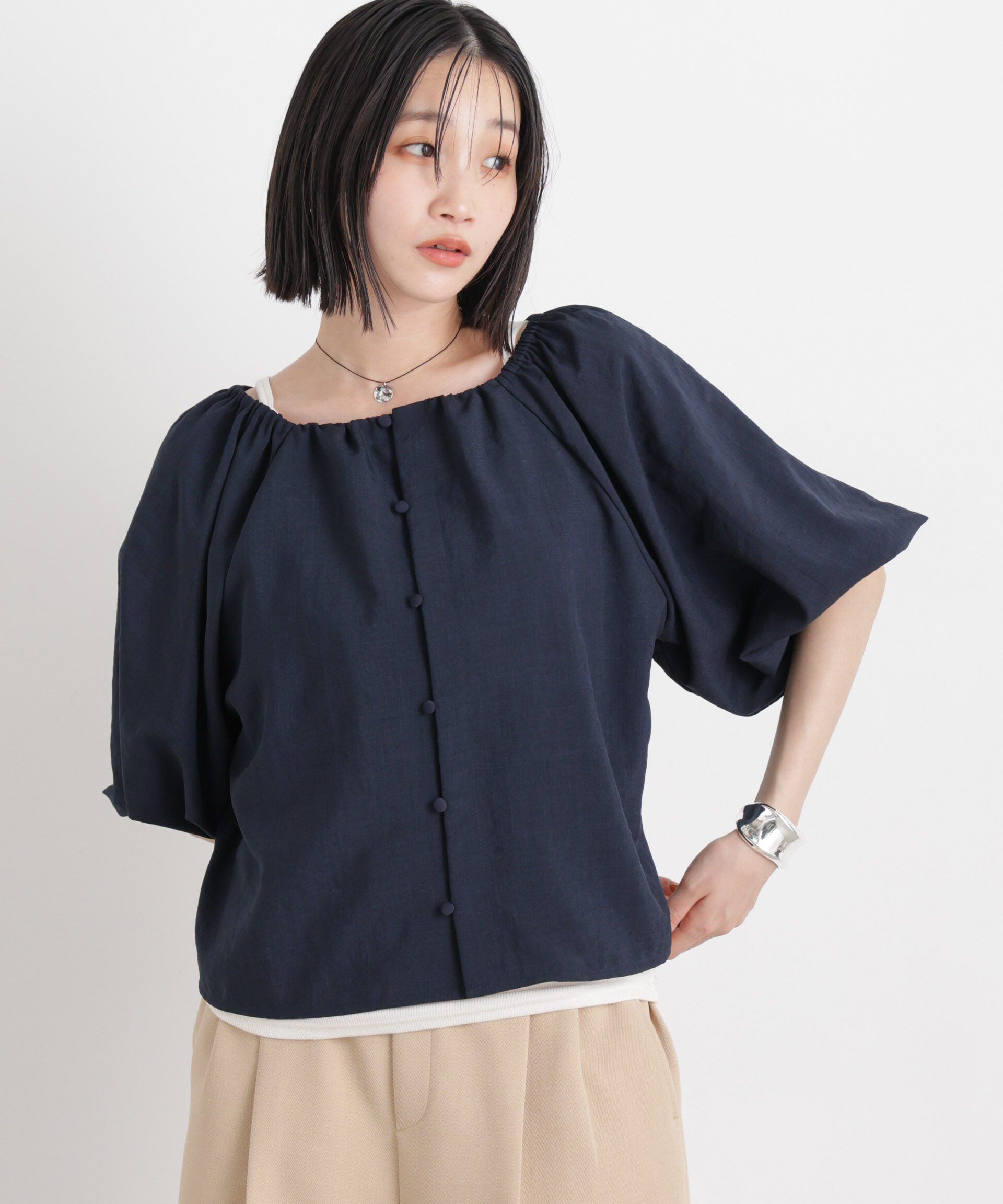 nano･universe「ﾀﾝﾌﾞﾗｰﾌﾞｯﾁｬｰ前後2wayﾎﾞﾘｭｰﾑｽﾘｰﾌﾞﾌﾞﾗｳｽ(ｾ  」|シャツ・ブラウス|