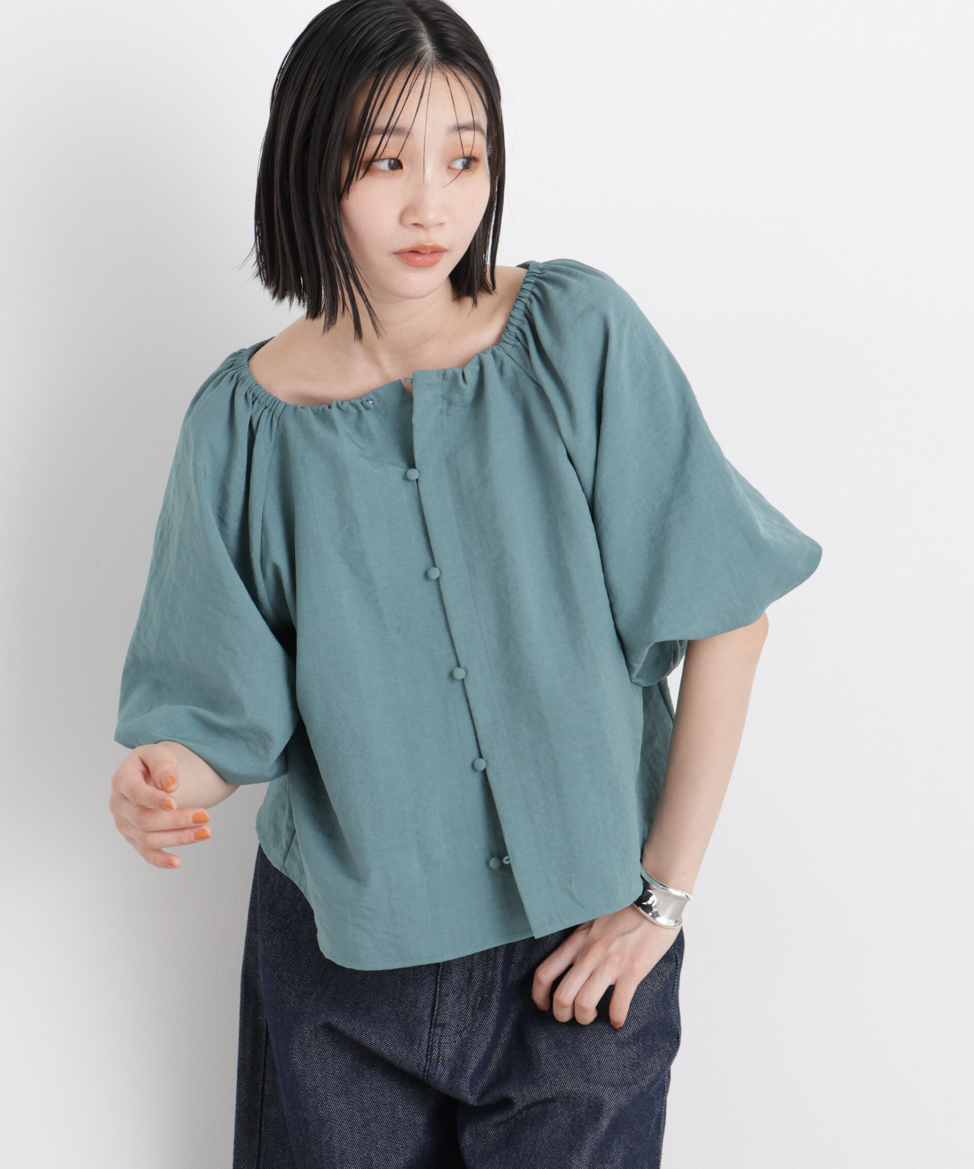 nano･universe「ﾀﾝﾌﾞﾗｰﾌﾞｯﾁｬｰ前後2wayﾎﾞﾘｭｰﾑｽﾘｰﾌﾞﾌﾞﾗｳｽ(ｾ  」|シャツ・ブラウス|ブルーグリー 2