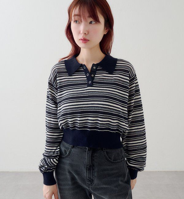  「ボーダーシアーポロニット」|ニット・セーター|