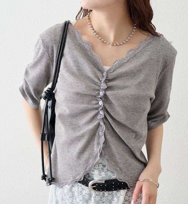  「半袖ギャザーリブカーディガン」|Tシャツ・カットソー|グレー