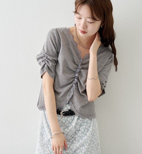  「半袖ギャザーリブカーディガン」|Tシャツ・カットソー|