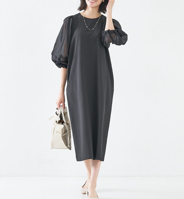 abahouse mavie「【エニデイカセット】シアー袖切替ワンピース」|ワンピース|ブラック