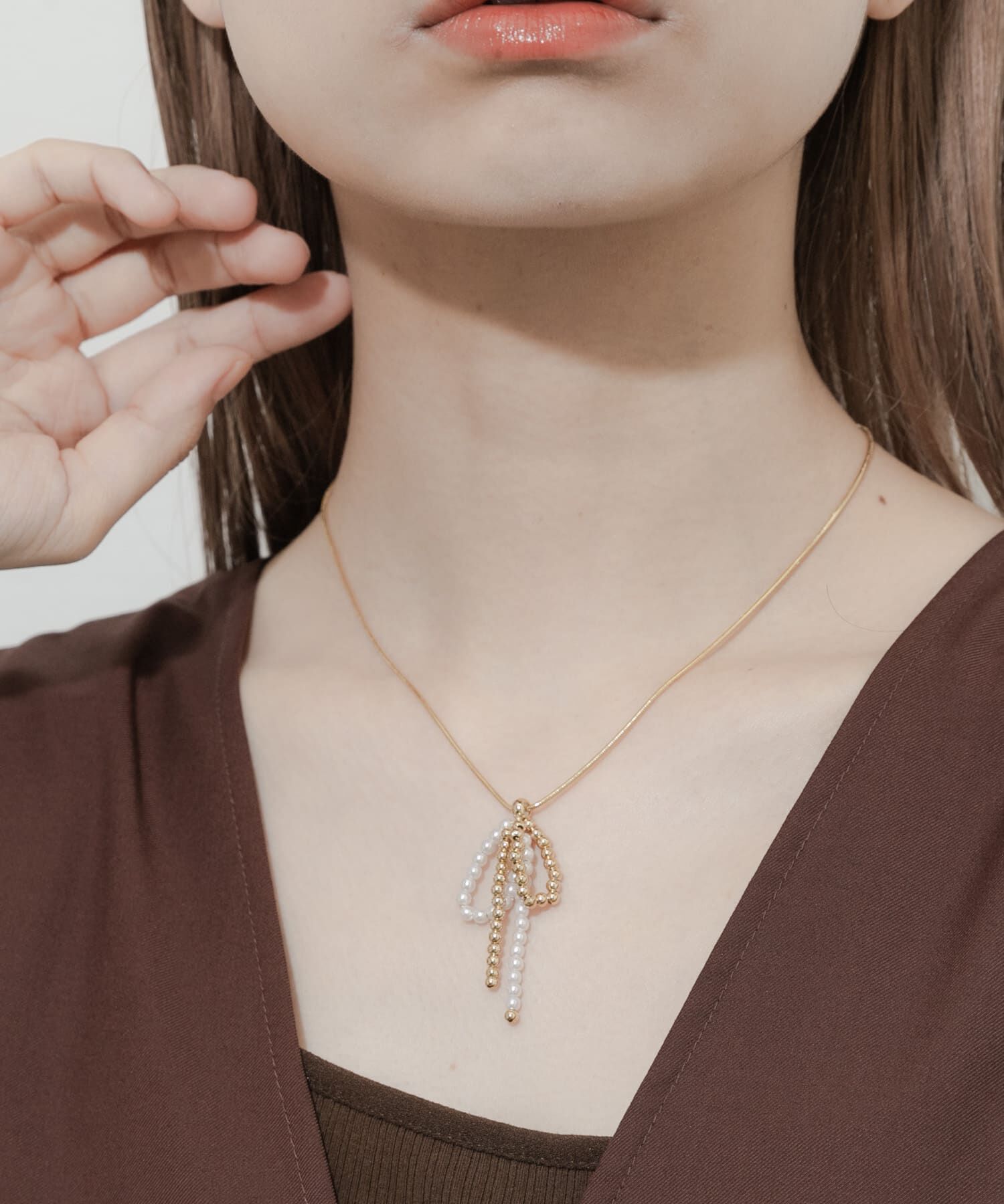 SMELLY「メタルパールビーズリボンネックレス」|ネックレス|