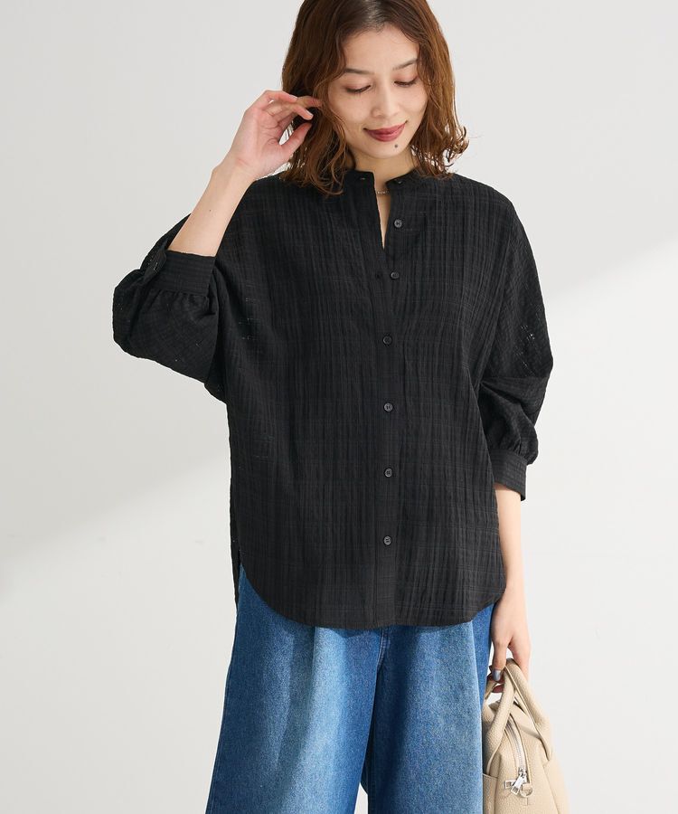 Green Parks「シアーチェック７分袖シャツ」|シャツ・ブラウス|Black