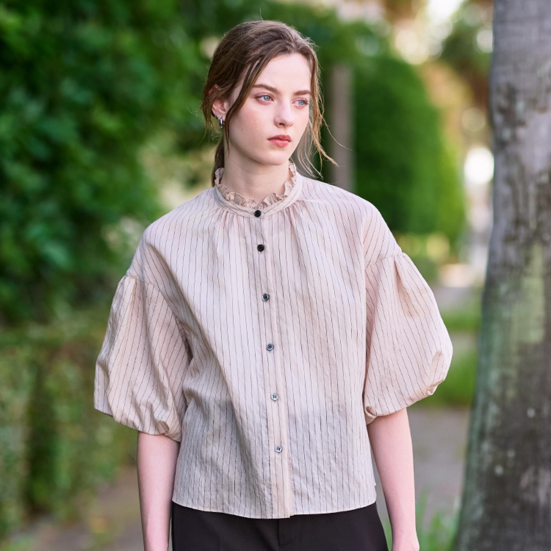 DRESSTERIOR「【洗える/前開き】ボリュームスリーブストライプブラウス」|シャツ・ブラウス|