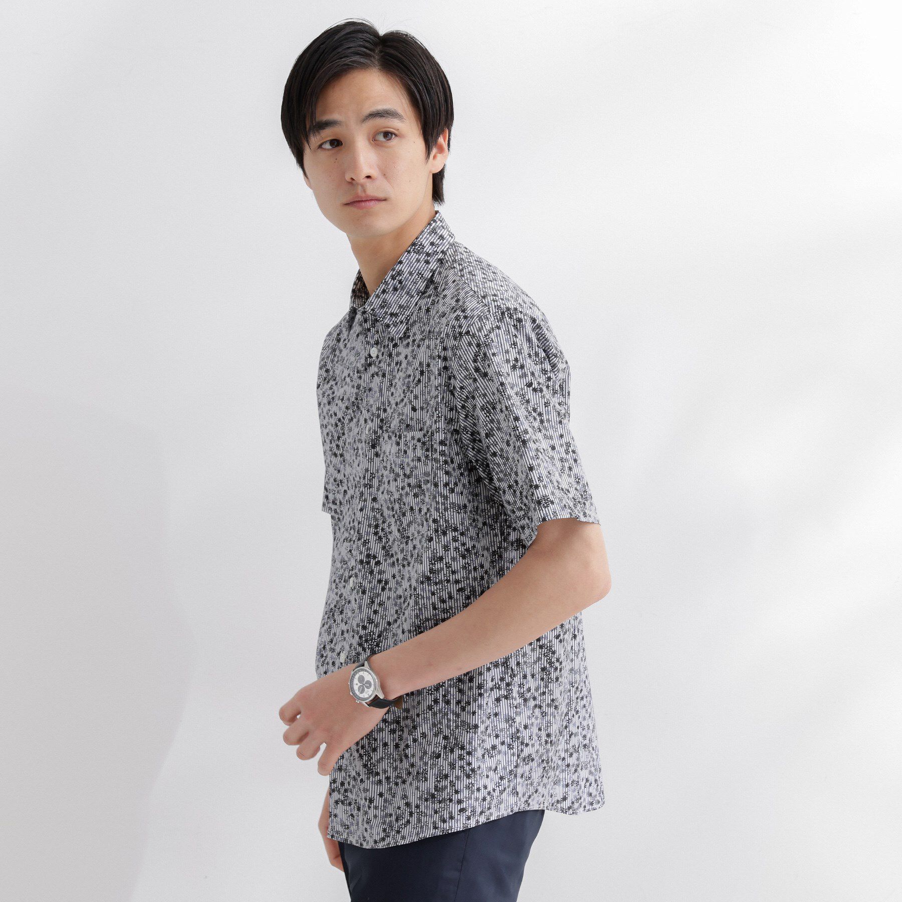 TAKEO KIKUCHI「ストライプ小花プリント 半袖シャツ」|シャツ・ブラウス|