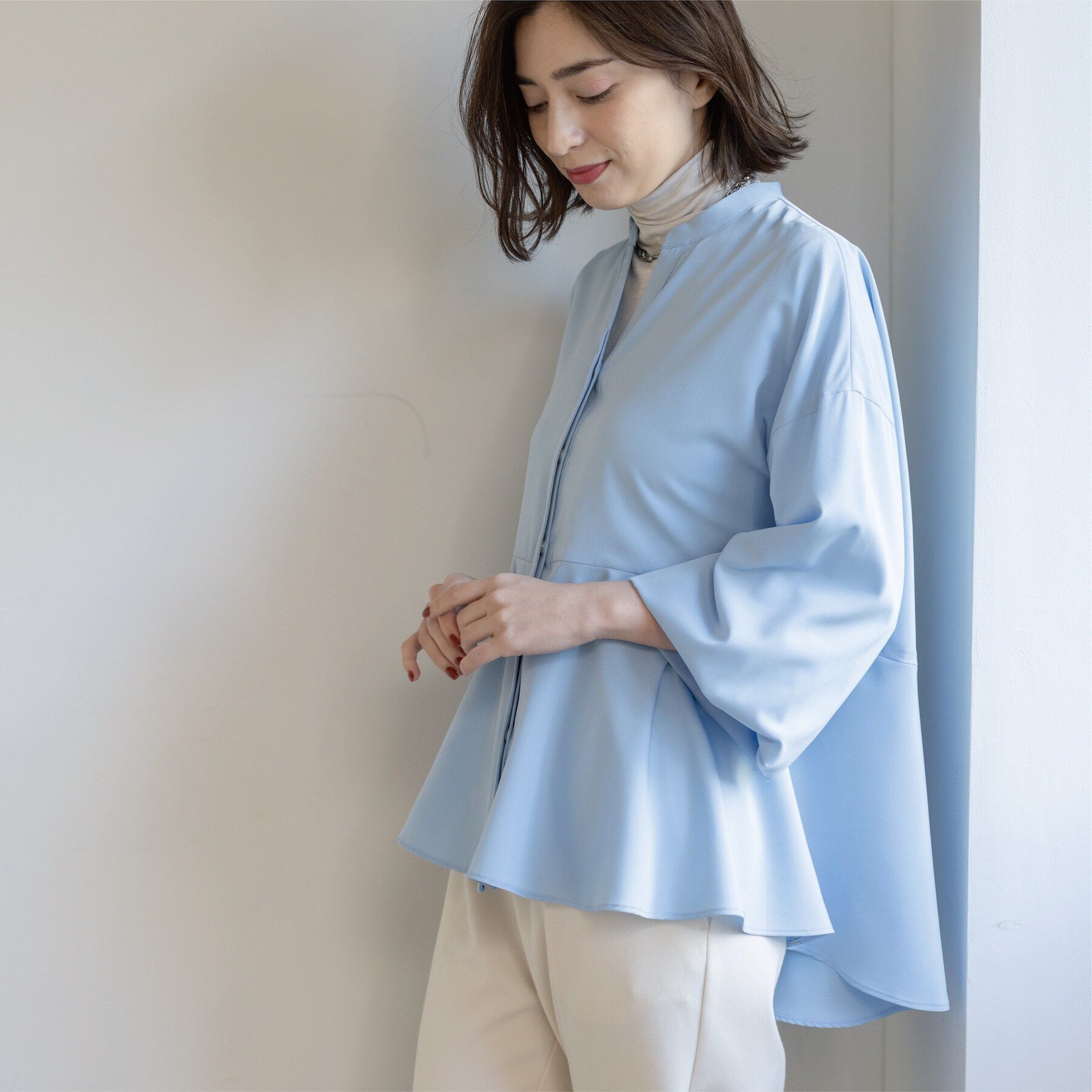 OPAQUE.CLIP「バイカラーアソート ペプラム前あきブラウス」|シャツ・ブラウス|サックスブルー(09