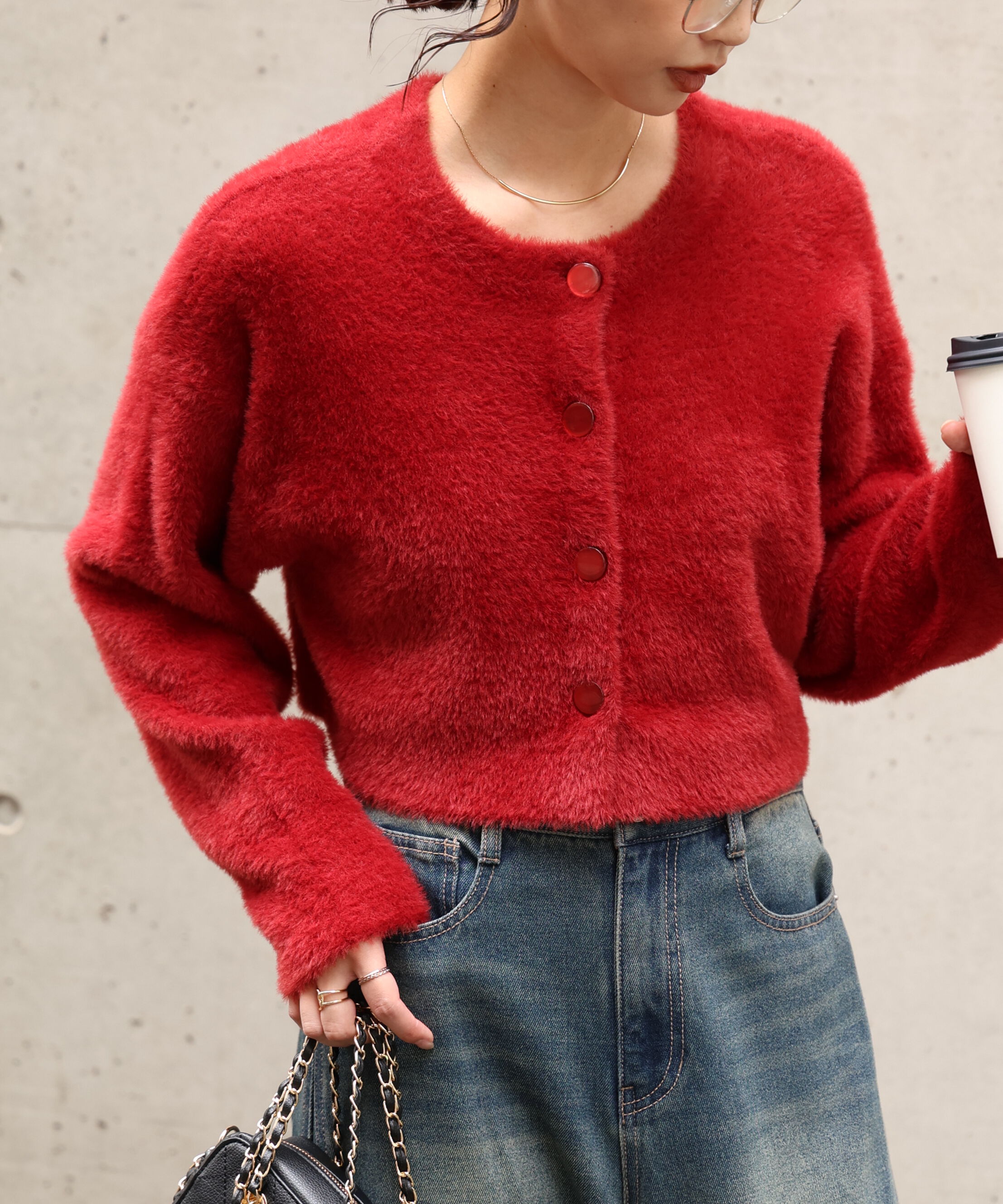  「前後2wayショートシャギー短丈ニット」|ニット・セーター|ボルドー