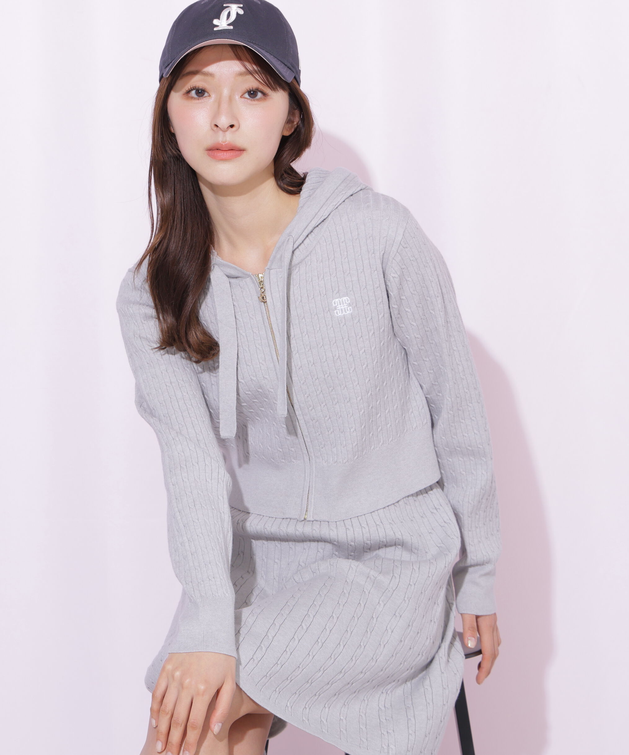  「ケーブルニットパーカーセットアップ」|ワンピース|グレー