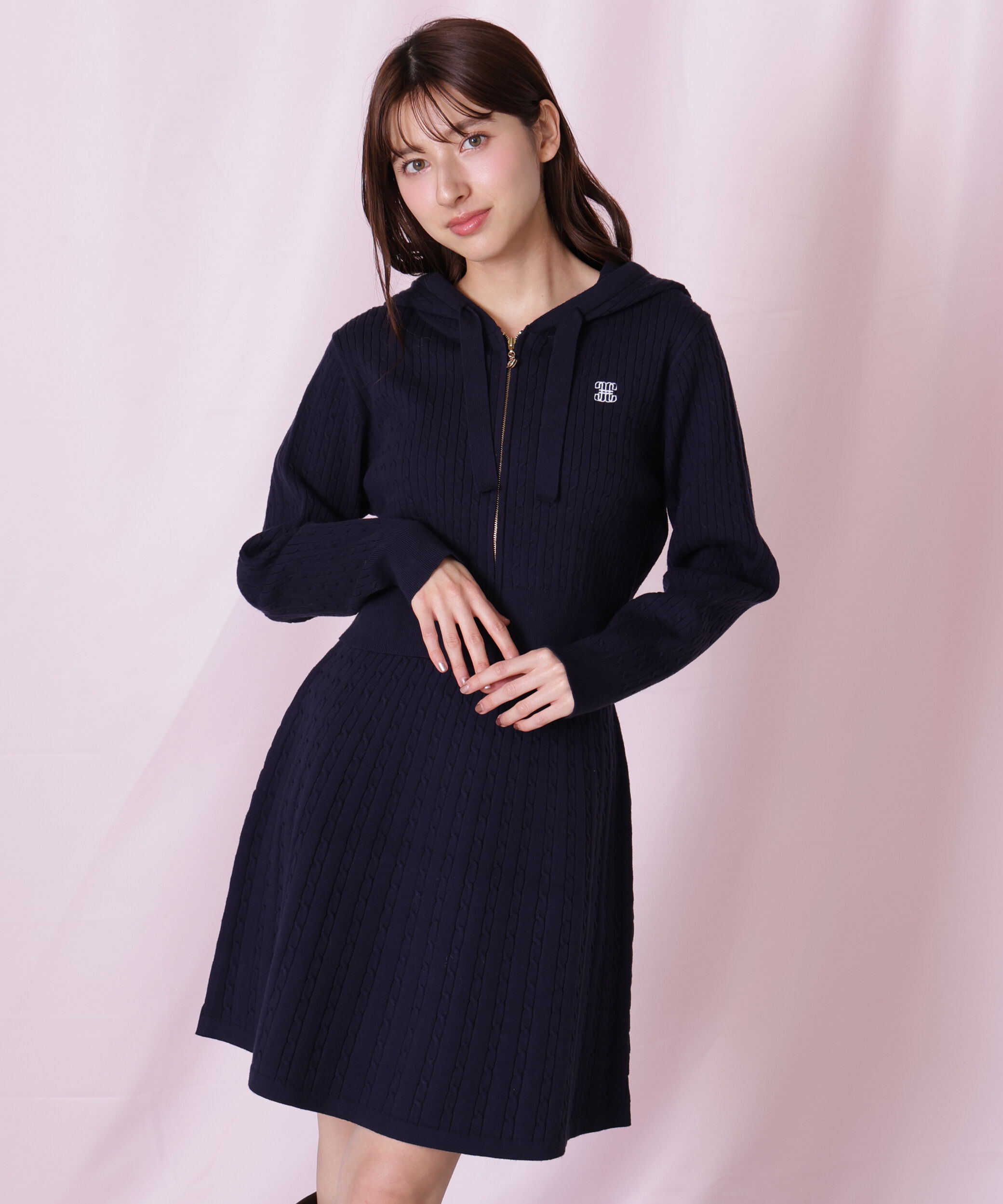  「ケーブルニットパーカーセットアップ」|ワンピース|ネイビー