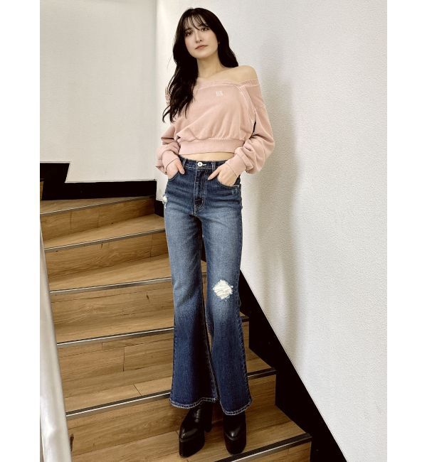 GYDA「ハイウエストダメージフレアデニムパンツ」|デニム|