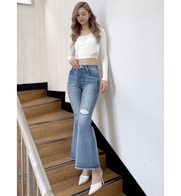 GYDA「ハイウエストダメージフレアデニムパンツ」|デニム|