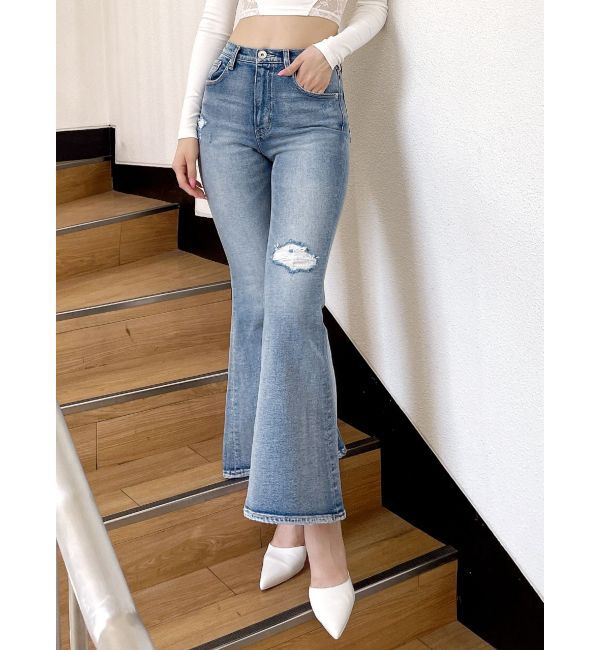 GYDA「ハイウエストダメージフレアデニムパンツ」|デニム|アイスブルー