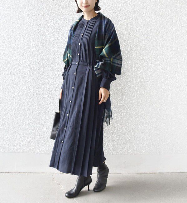 SHIPS for women「〈手洗い可能〉ドット / 花柄 バンドカラー サイド プリーツ ワンピース」|ワンピース|ネイビー