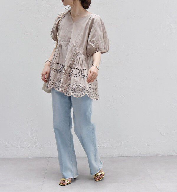 quaranciel「quaranciel:〈洗濯機可能〉コットン カットワーク レース パフスリーブ ブラウス」|シャツ・ブラウス|