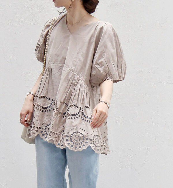 quaranciel「quaranciel:〈洗濯機可能〉コットン カットワーク レース パフスリーブ ブラウス」|シャツ・ブラウス|
