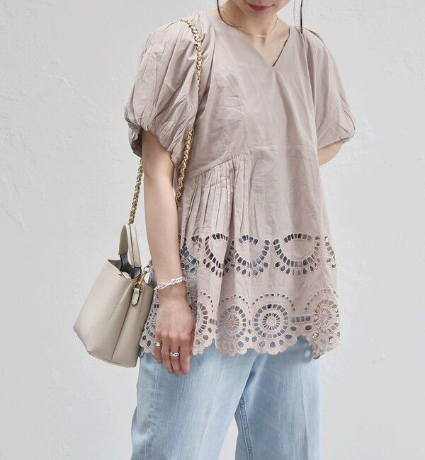 quaranciel「quaranciel:〈洗濯機可能〉コットン カットワーク レース パフスリーブ ブラウス」|シャツ・ブラウス|