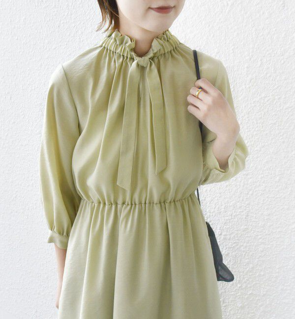SHIPS for women「〈手洗い可能〉ネック ギャザー 7分袖 ボウタイ ワンピース」|ワンピース|