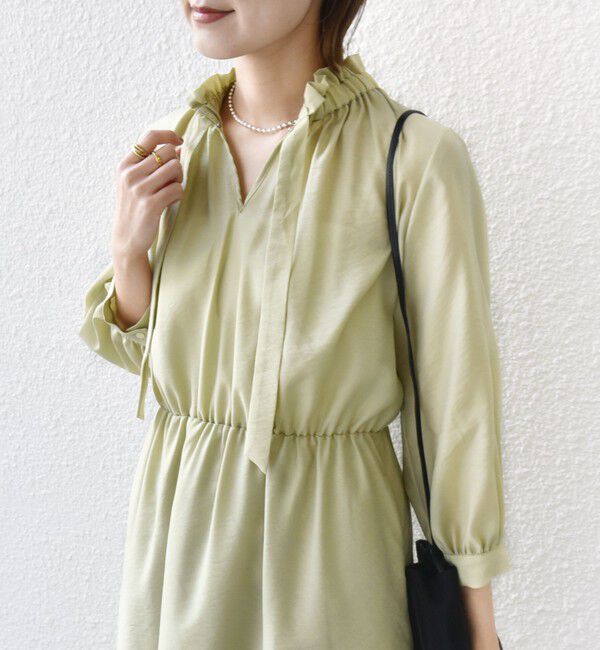 SHIPS for women「〈手洗い可能〉ネック ギャザー 7分袖 ボウタイ ワンピース」|ワンピース|