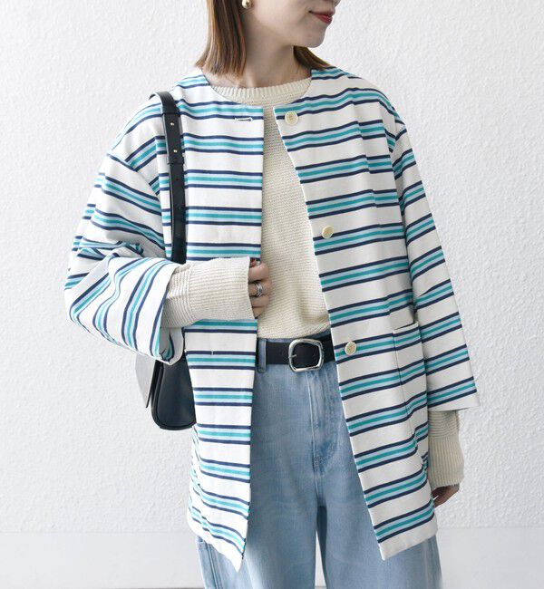 SHIPS any「SHIPS any:キャンバス ボーダー コクーン ノーカラー コート」|ノーカラーコート|