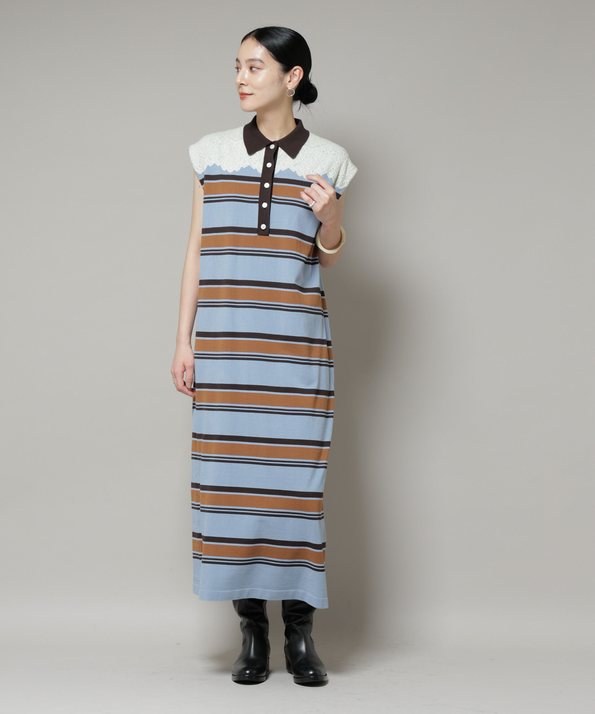 nano･universe「コットンボーダーレース編みポロニットワンピース」|ワンピース|