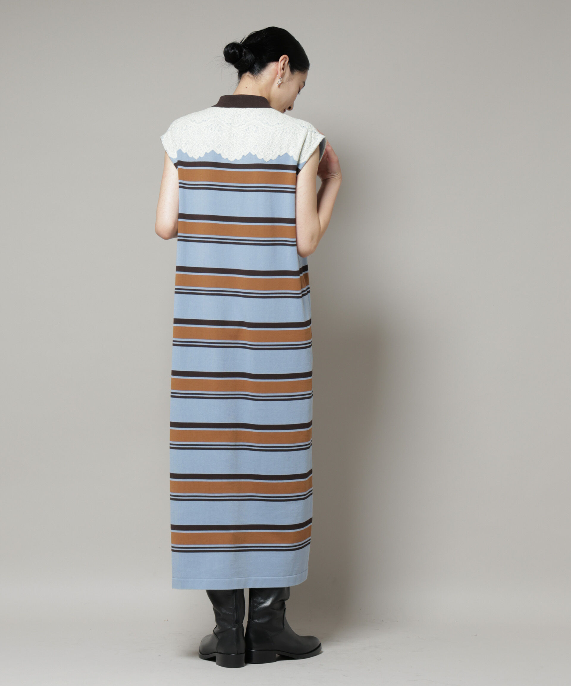 nano･universe「コットンボーダーレース編みポロニットワンピース」|ワンピース|