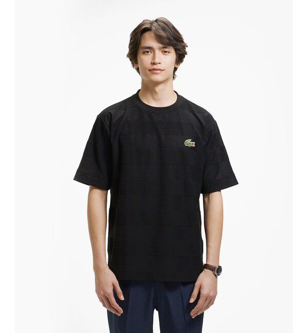 LACOSTE「オーバーサイズ パイル地切り替え同色ボーダーTシャツ」|Tシャツ・カットソー|ブラック