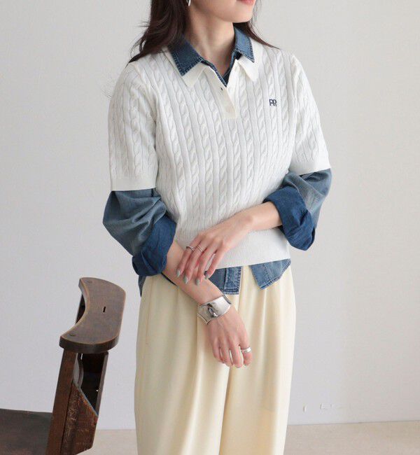 fredy emue「【大人気シリーズの新型登場！】FR刺しゅうケーブル柄半袖ポロ衿プルオーバーニット」|ニット・セーター|