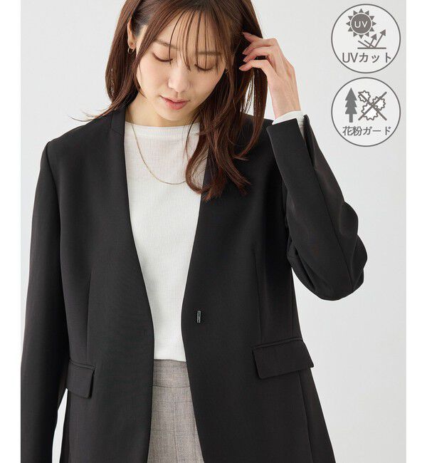 Rope&rsquo;Picnic「360&deg;ウルトラストレッチ ノーカラージャケット/UVカット・花粉ガード・入卒式・セットアップ対応」|ノーカラージャケット|ブラック(01)