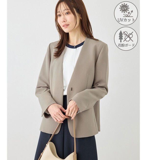 Rope&rsquo;Picnic「360&deg;ウルトラストレッチ ノーカラージャケット/UVカット・花粉ガード・入卒式・セットアップ対応」|ノーカラージャケット|ベージュ系(28)