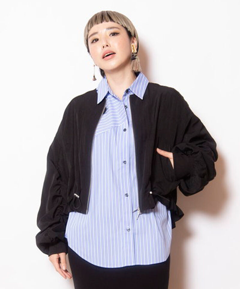  「ギャザージップブルゾン」|ブルゾン・スタジャン|BLACK