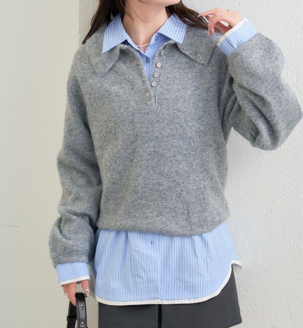  「襟付きロングスリーブニット」|ニット・セーター|グレー