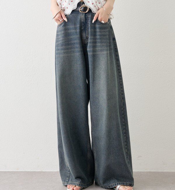  「ベルト付きカーブワイドデニム」|デニム|