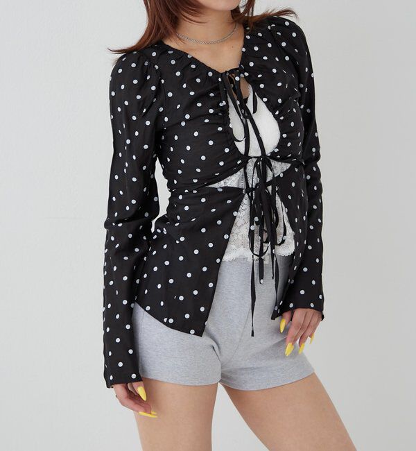  「ギャザーコイルブラウス(ドット柄)」|シャツ・ブラウス|ブラック