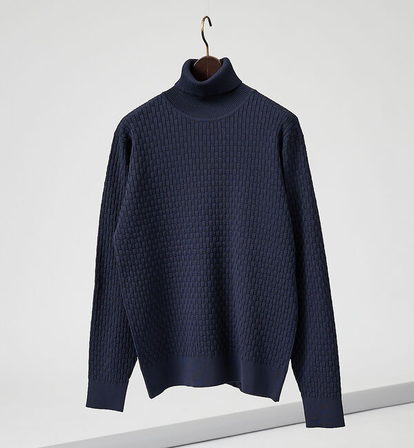 ABAHOUSE「【ハイストレッチ】ブロックチェック ジャガード タートルネック ニット」|ニット・セーター|ネイビー
