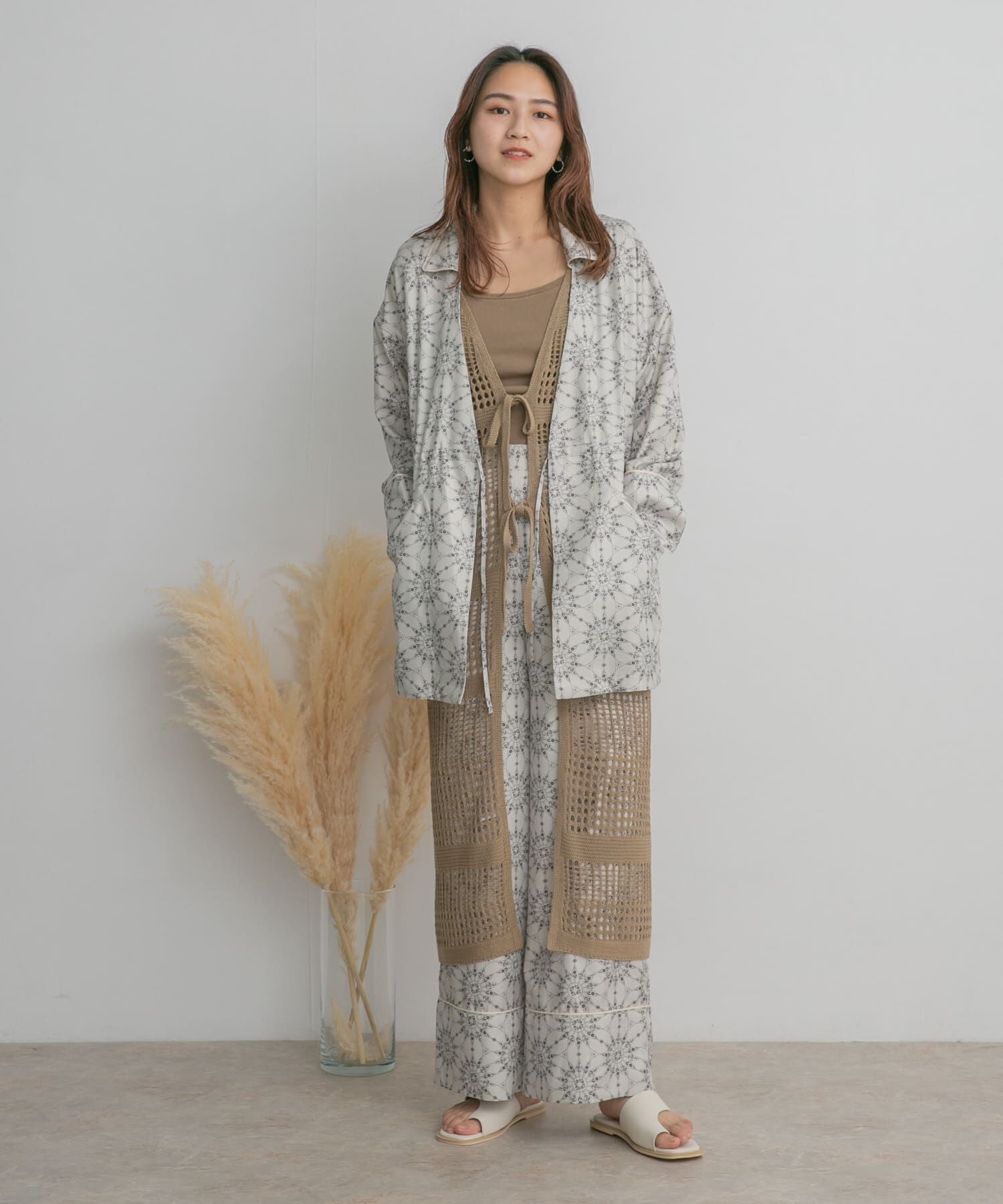  「ドロストプリントガウン」|ノーカラーコート|