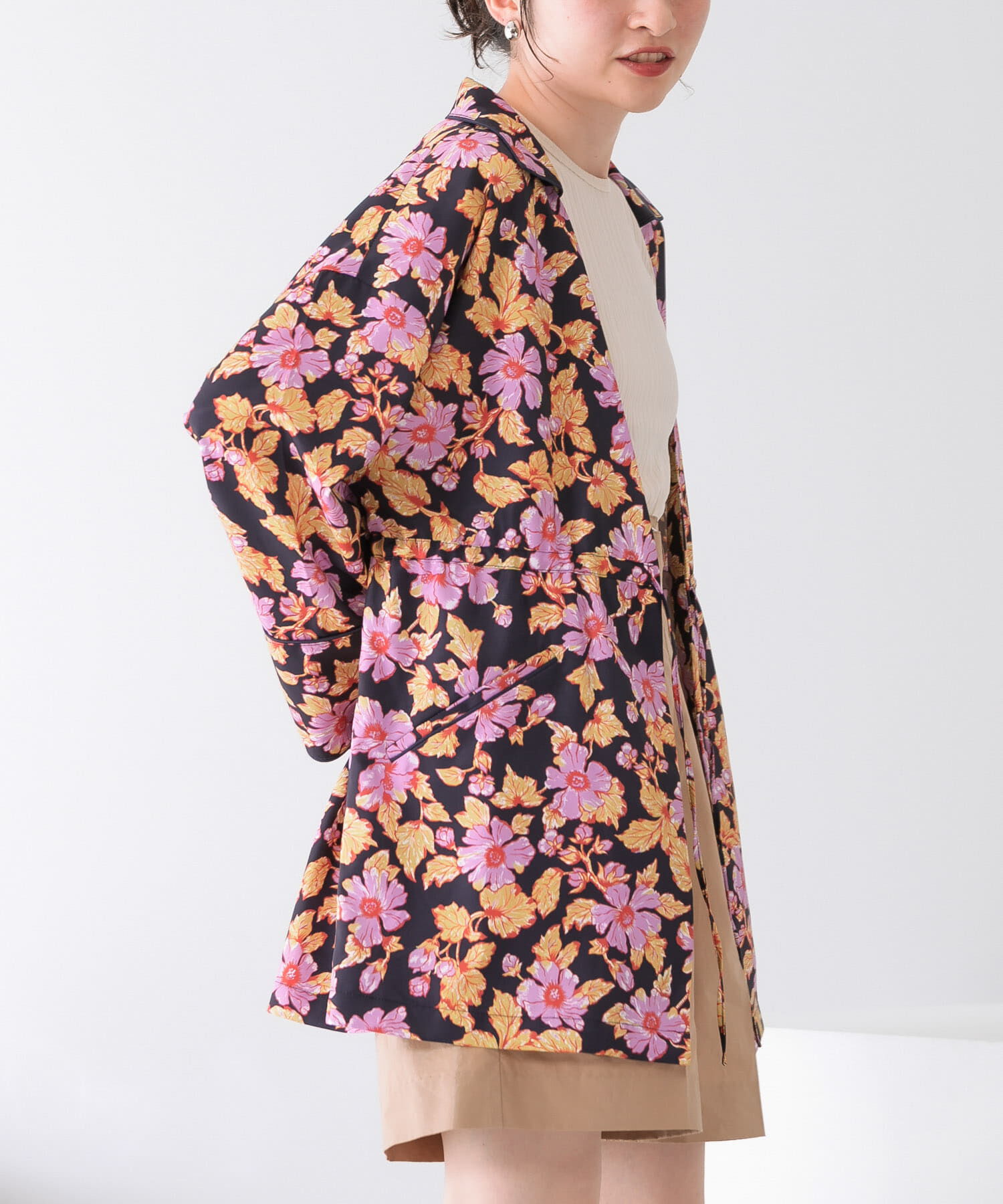  「ドロストプリントガウン」|ノーカラーコート|