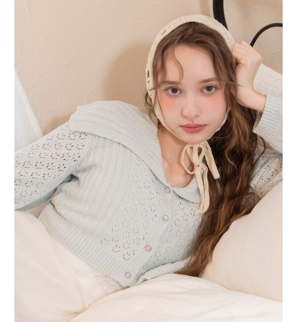  「ビッグカラー透かしニットカーデ」|カーディガン|ブルー