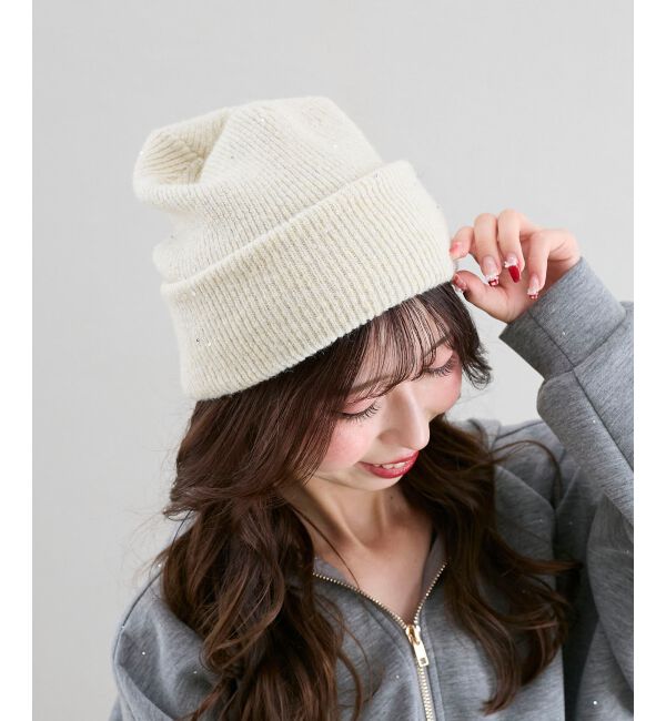  「スパンコールニットワッチ」|ニット帽|アイボリー