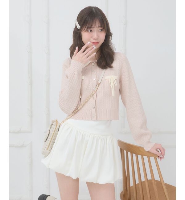  「◎バイカラーリボンケーブルニットカーデ」|カーディガン|